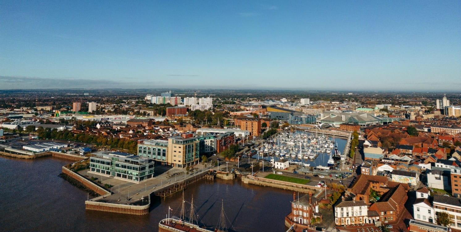 An ariel shot which shows Hull Marina and docks